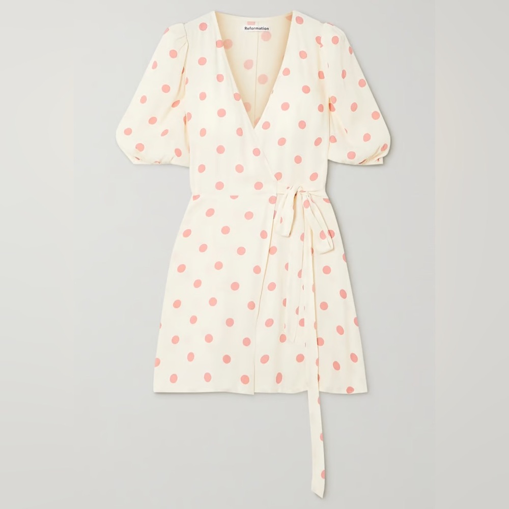 Reformation Olince Polka-dot Crepe Mini Wrap Dress